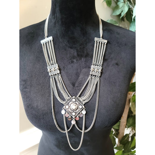 Women's Boho Tribal Layered Chain Pendant Necklace Silver Lobster Clasp Unique