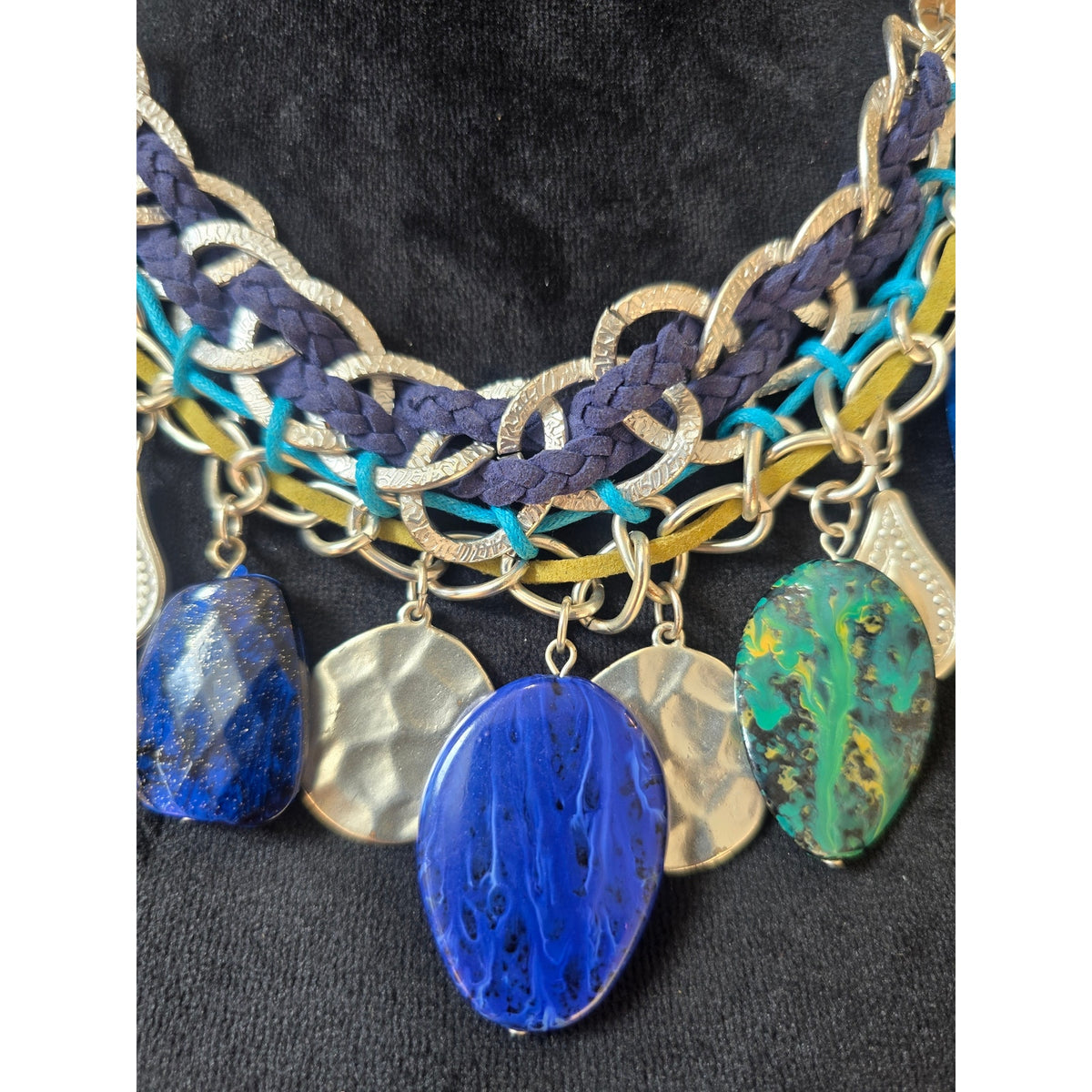 Boho Blue Green Chunky Stone Charm Statement Necklace and Bracelet Set Gold Tone