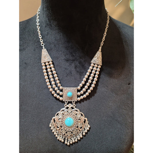 Women Antique Silver Multi-Strand Beaded Turquoise Inlay Ornate Filigree Pendant