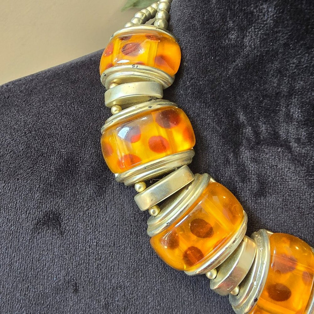 Womens Fashion Amber Molded Acrylic Silver Tone Necklace with Lobster Clasp