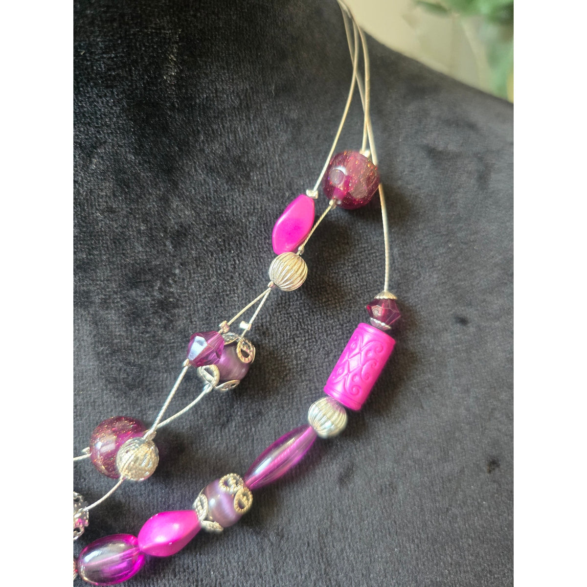 Hot Pink Fuchsia Multi Strand Layered Beaded Statement Necklace