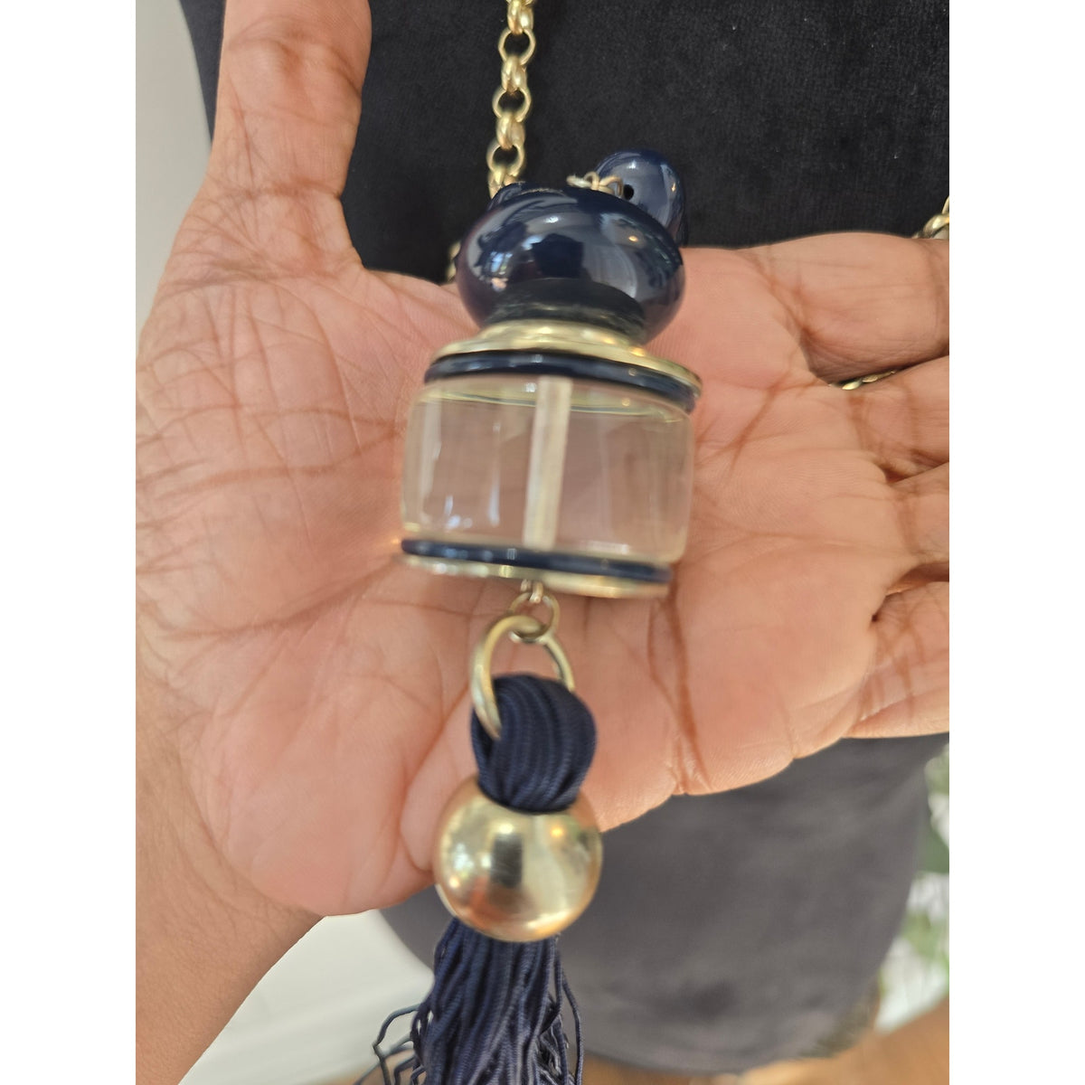 Navy Blue Beaded Gold Tone Tassel Long Pendant Necklace