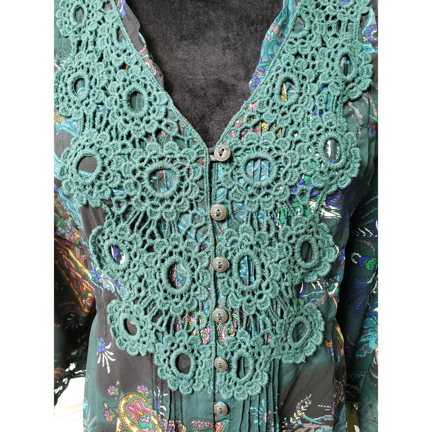 Denim 24/7 Tunic Top Womens 20W Green Paisley Lace Trim 3/4 Sleeve Button Front