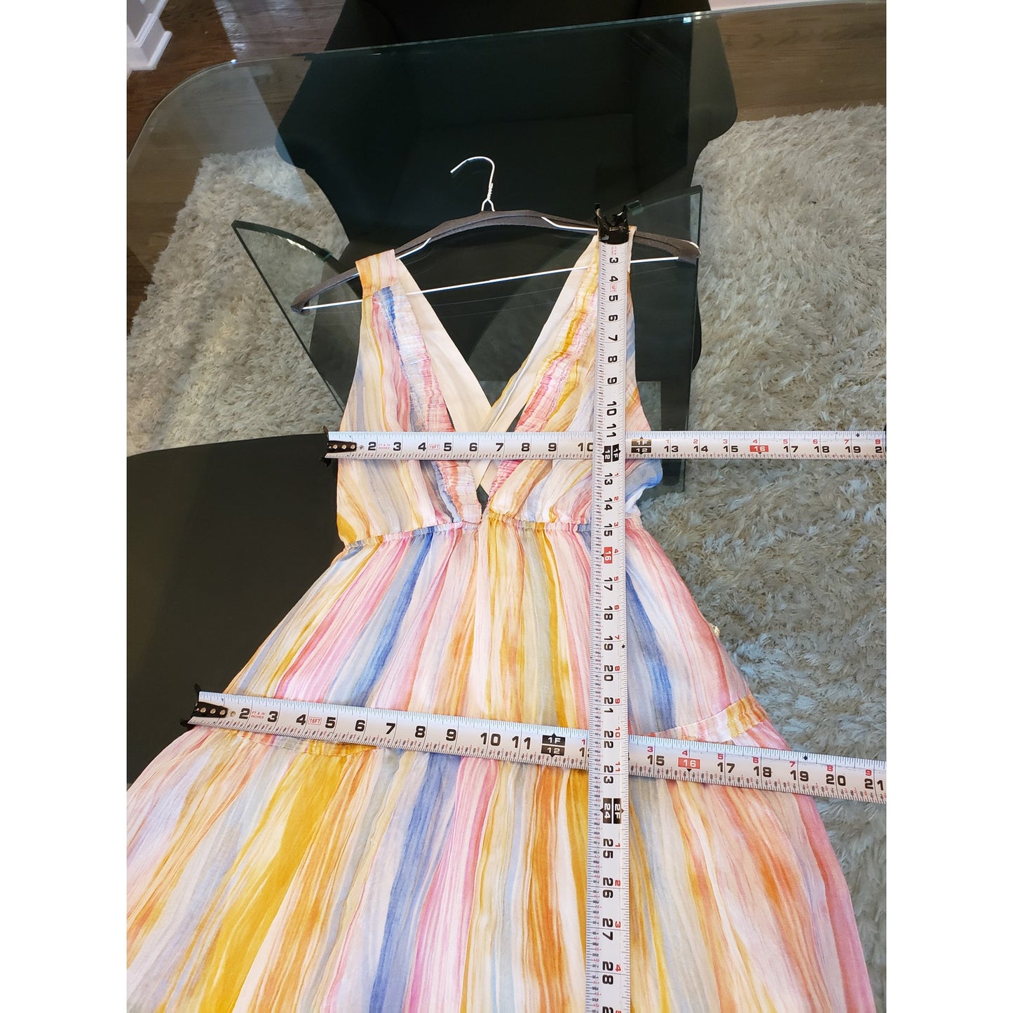 Fashion Nova Long Maxi Dress Womens S Yellow Combo Cinch Waist Tier Drop Stripe