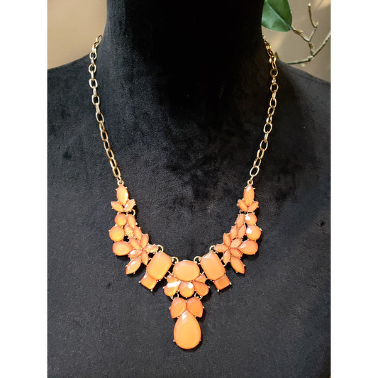 Women's Orange Statement Necklace Floral Design Gold Lobster Clasp Jewelry
