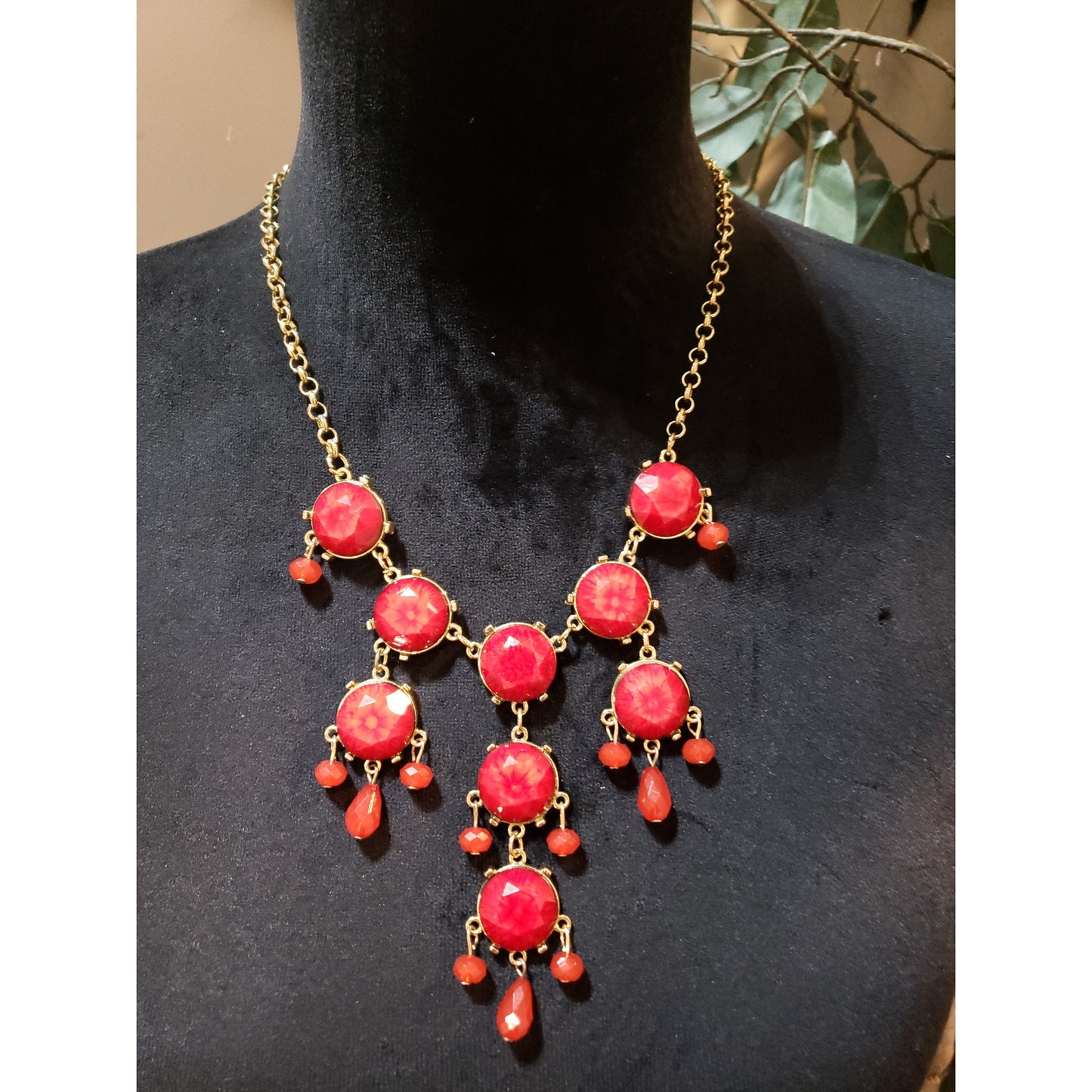 Womens Gold Tone Faceted Red Beads Chandelier Necklace with Lobster Clasp