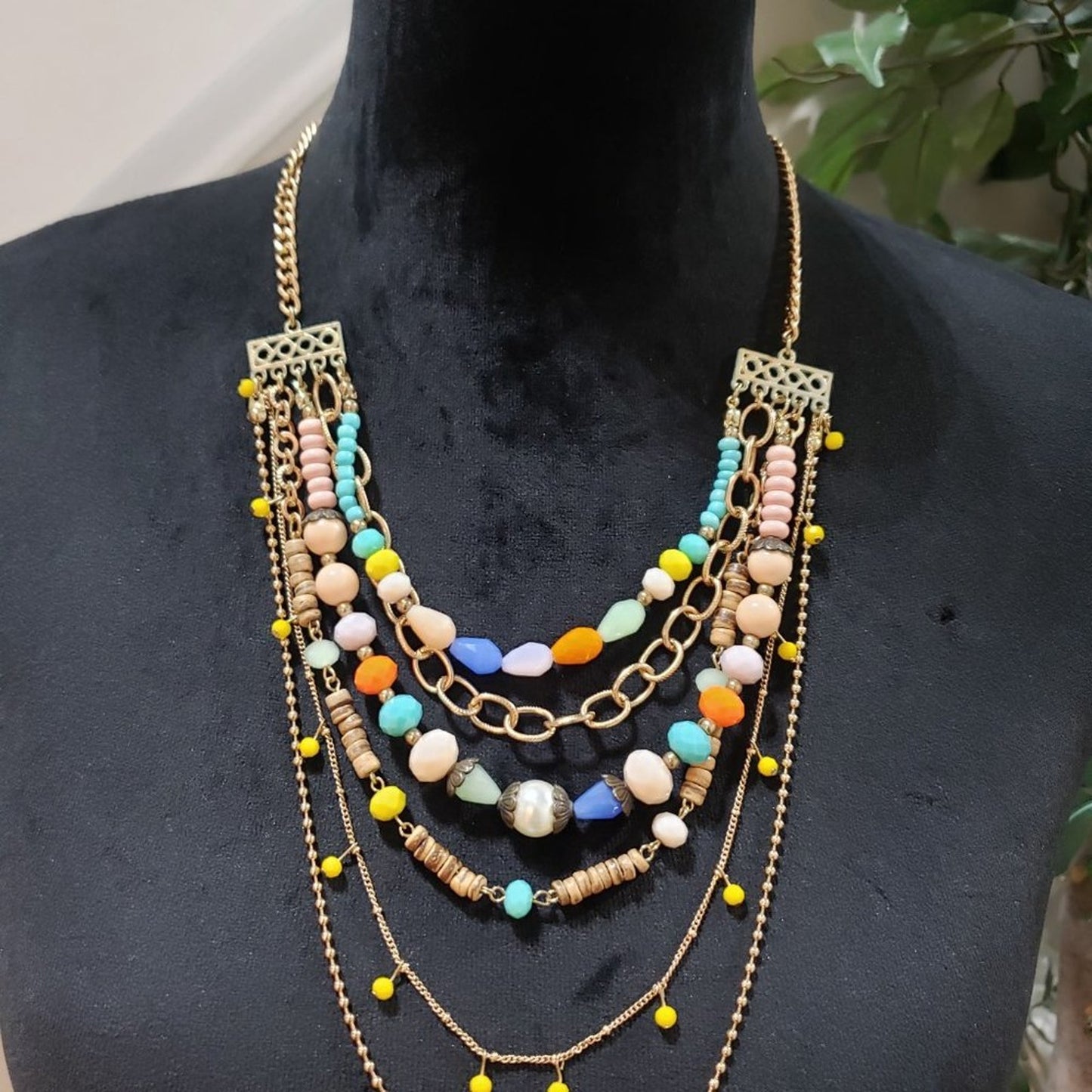 Plunder Multi Resin Layered Bead Gold Tone Boho Statement Necklace and Bracelet