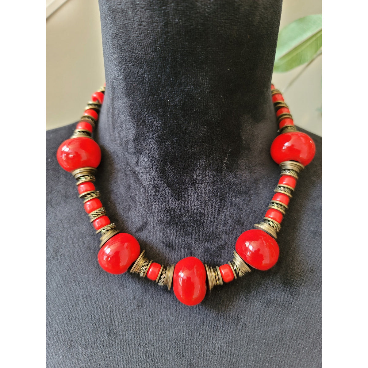 Women's Chunky Red Beaded Statement Necklace With Antique Brass Hook Lock Design