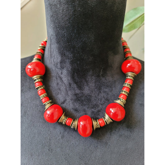 Women's Chunky Red Beaded Statement Necklace With Antique Brass Hook Lock Design