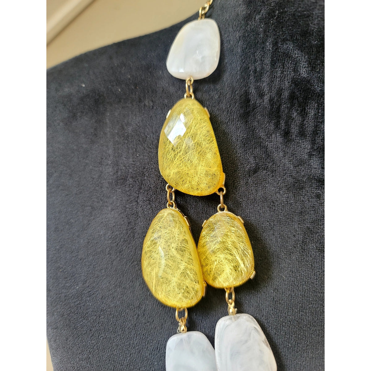 Yellow White Lavender Chunky Stone Statement Necklace Asymmetrical Boho Jewelry