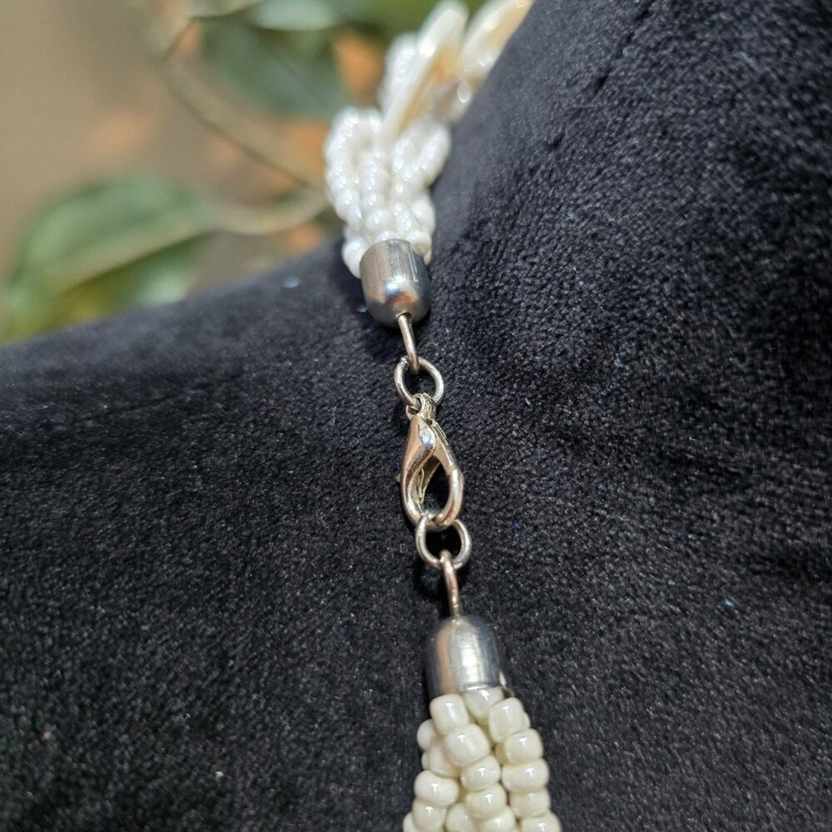 Women White Discs and Braided Seed Bead Multi-Strand Necklace with Lobster Clasp