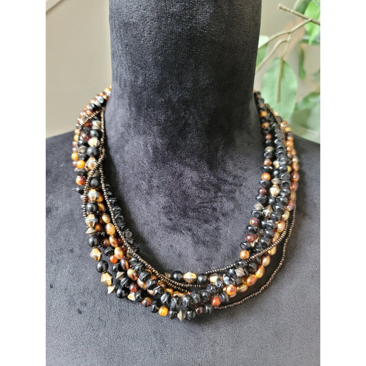 Chico's Women's Multi Strand Beaded Necklace Black Brown Gold Tones Lobster Clasp