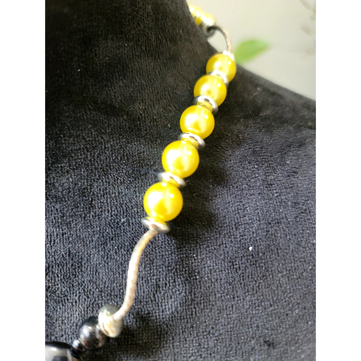 Yellow Black Beaded Silver Tone Statement Necklace Chunky Modern