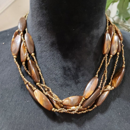 Womens Fashion Brown Amber Swirl Long Seed Bead 5 Strand Collar Necklace Jawelry