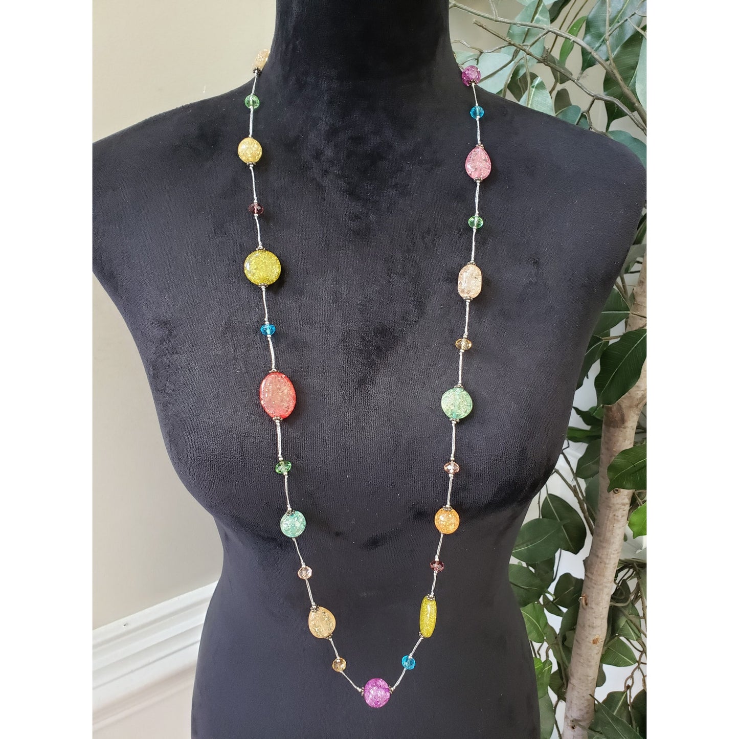 Womens Colorful Glass Beads Station Long Necklace Jewelry with Lobster Clasp