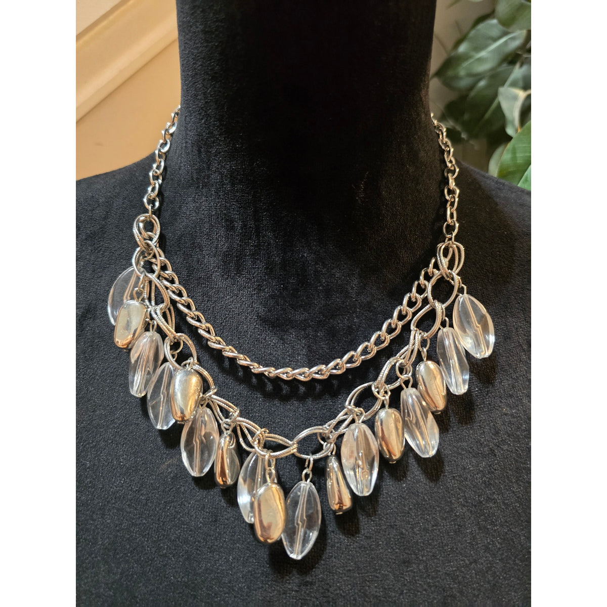 Women's Silver Tone Chain Necklace Clear Acrylic Drop Dangle Adjustable Clasp