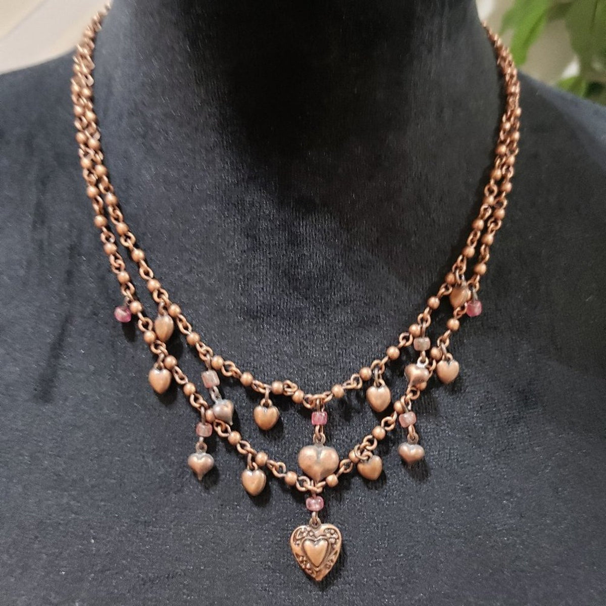 Womens Copper Tone Heart Charm Double Strand Collar Necklace with Lobster Clasp