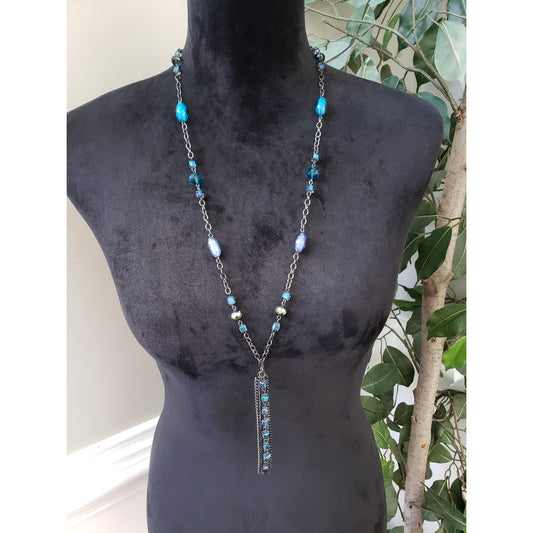 Cookie Lee Womens Blue Glass Pearls Y Shape Tassel Lariat Necklace with Lobster