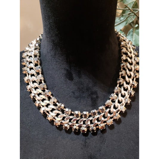 Womens Copper Tone Double Link Rhinestones Trim on Curb Chain Collar Necklace
