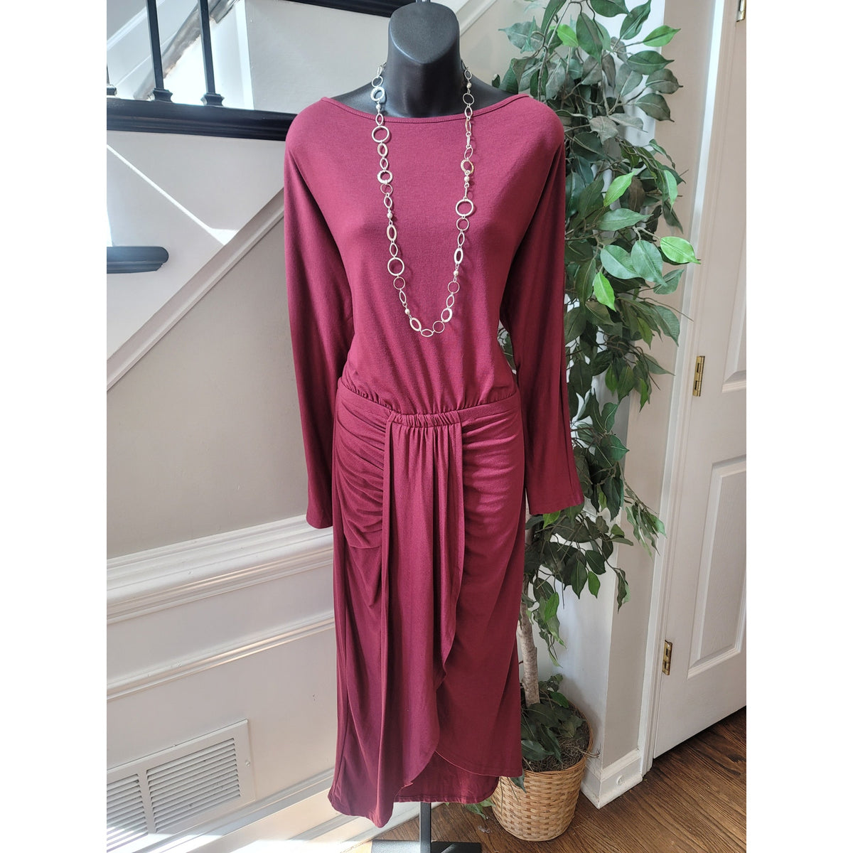 Pretty Garden Tulip Lined Dress Women's XL Burgundy Polyester Blend Long Sleeves