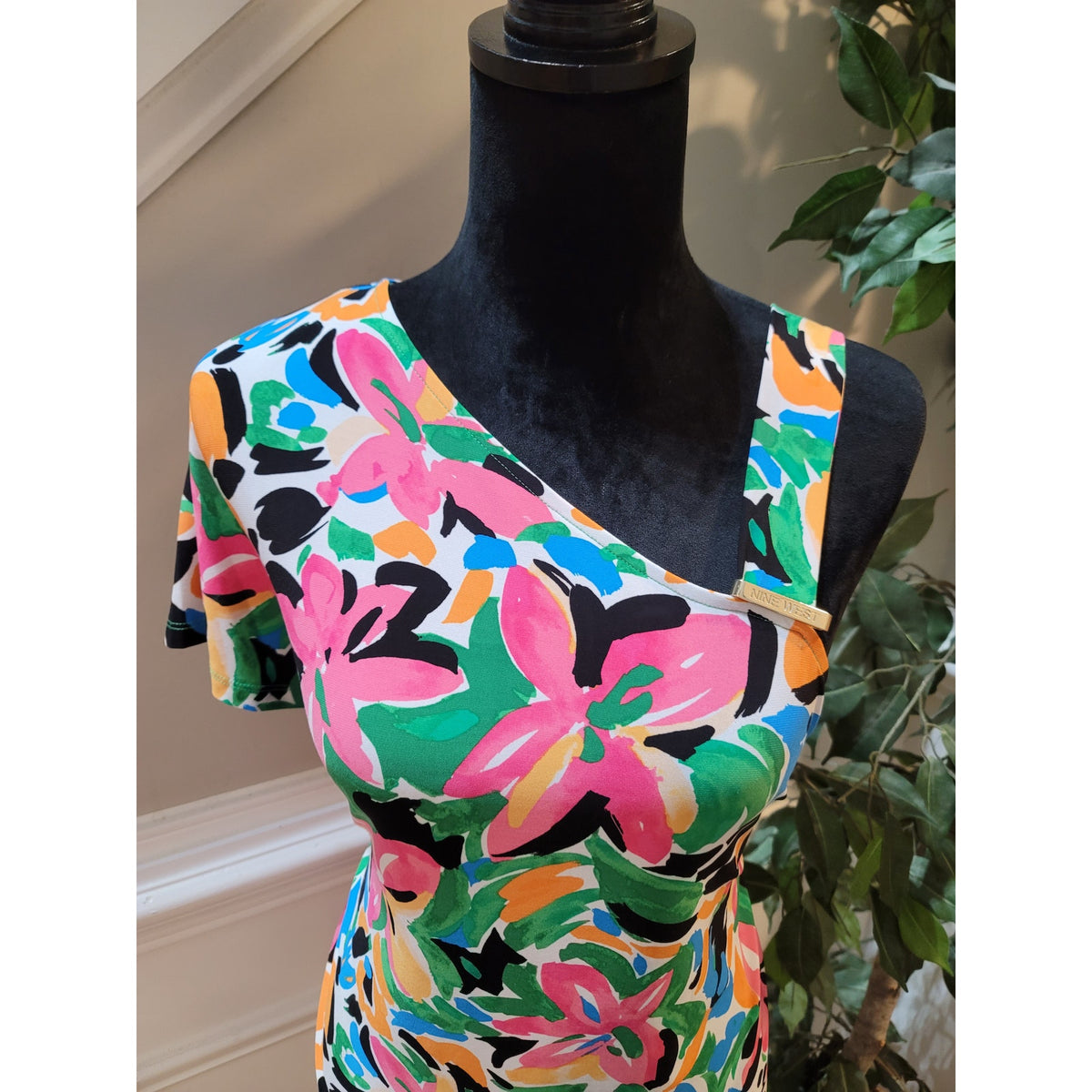 Nine West Blouse Top Women's Large Multicolor Tropical Floral One Shoulder Neck