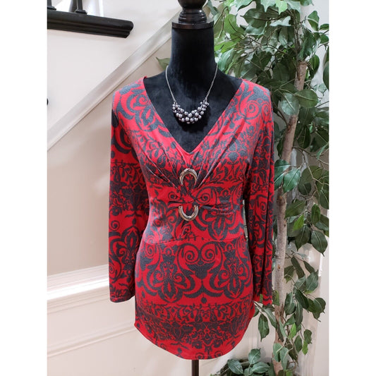 Jaclyn Smith Women's Red Floral Knot Hem V Neck Long Sleeve Top Blouse Large