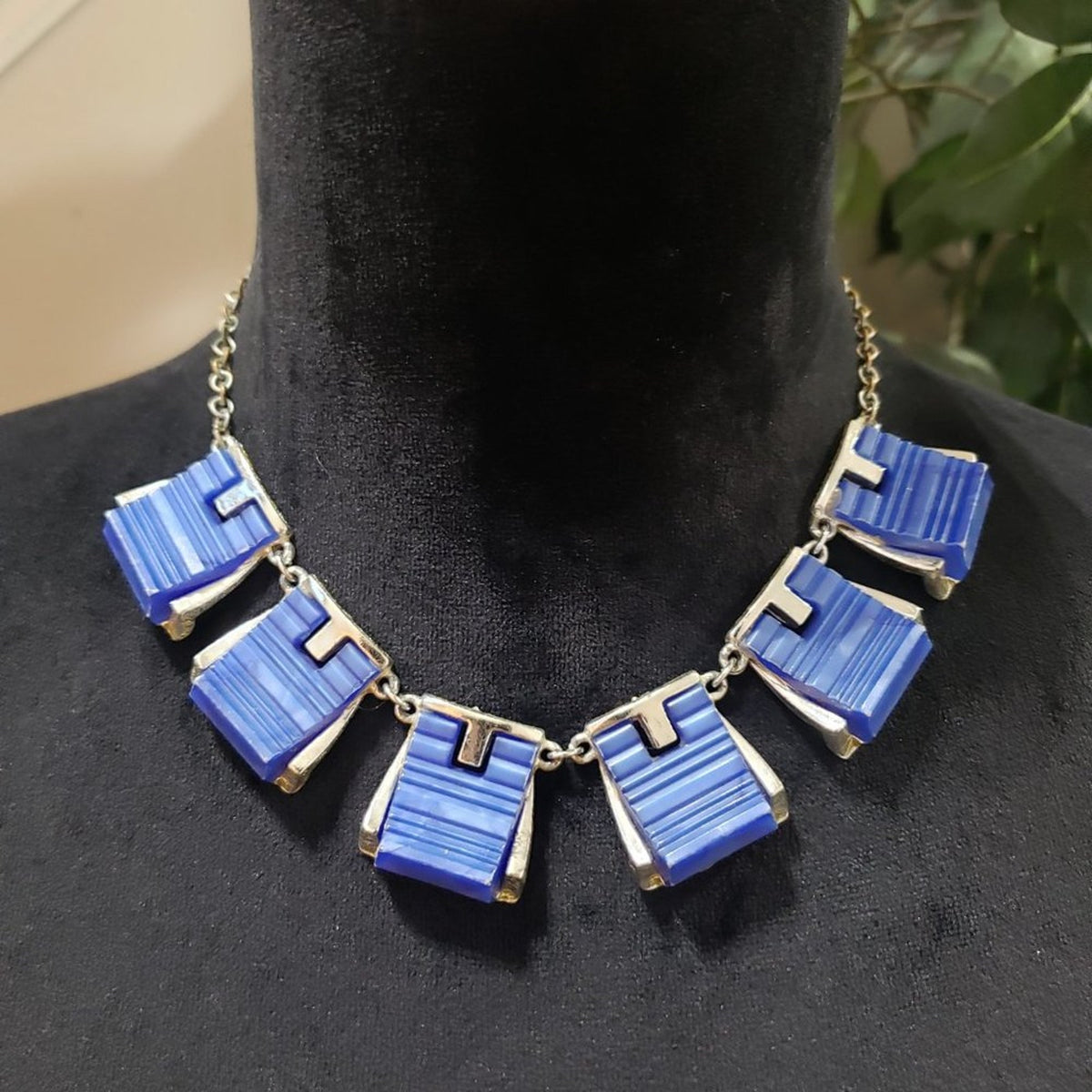 Women Fashion Gold & Blue Tone Geometric Shape Link Chain Choker Necklace