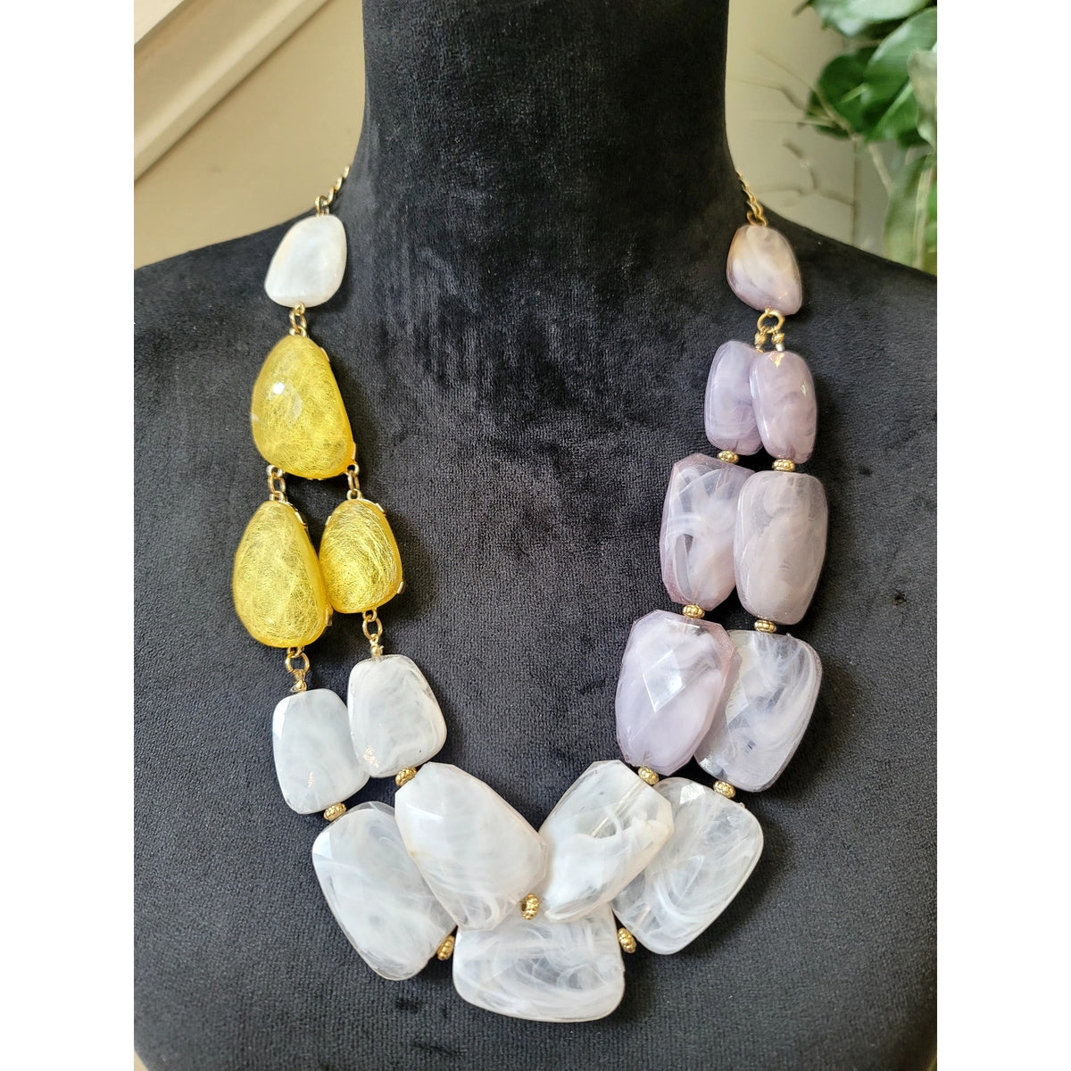 Yellow White Lavender Chunky Stone Statement Necklace Asymmetrical Boho Jewelry