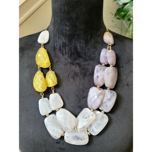 Yellow White Lavender Chunky Stone Statement Necklace Asymmetrical Boho Jewelry