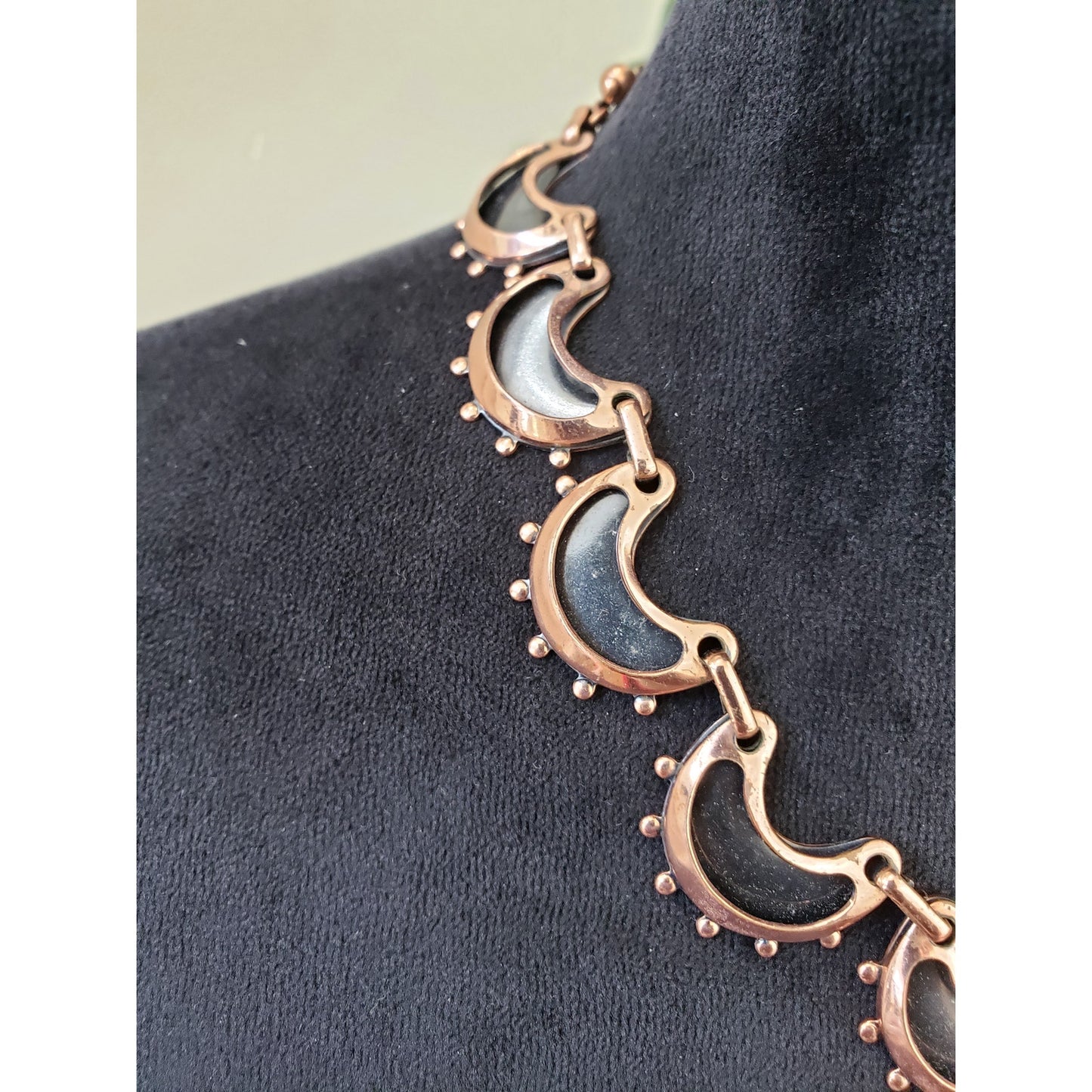 Women Copper with Black Enamel Crescent Moons Clip-On Link Necklace with Lobster