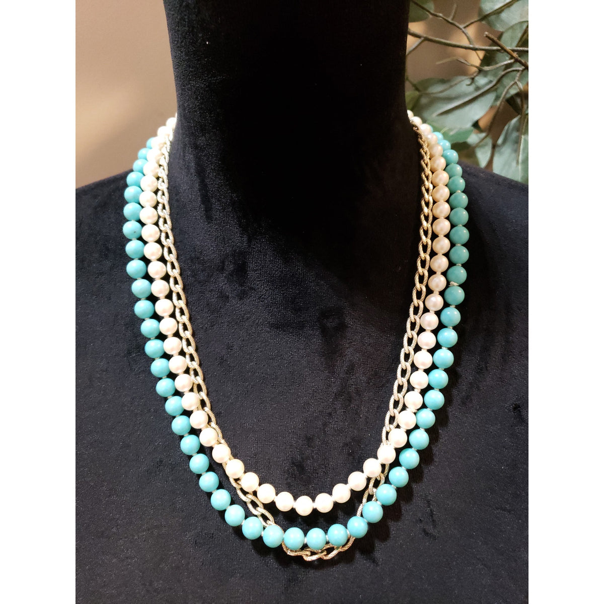 Womens Fashion 3 Strand Blue Ivory Faux Pearl Beaded Curb Chain Necklace Jewelry