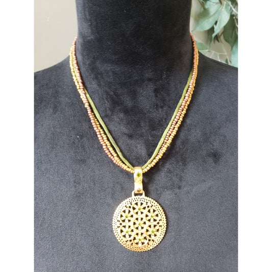 Women's Beaded Necklace Gold Filigree Pendant Lobster Clasp Boho Jewelry