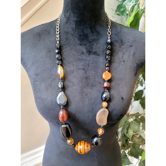 Artisan Mixed Bead Statement Necklace Black Amber Brown Gold Tone Boho Chic