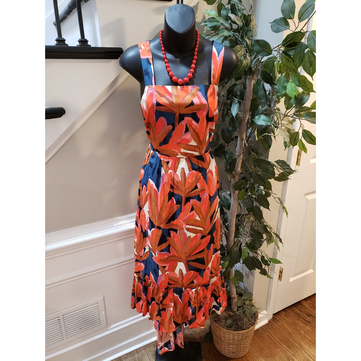 Who What Wear Maxi Dress Womens Small Orange Floral Cotton Pleated Square Neck