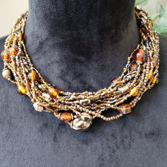 Womens Fashion Amber Multi Strand Seed Beaded Necklace with Lobster Clasp