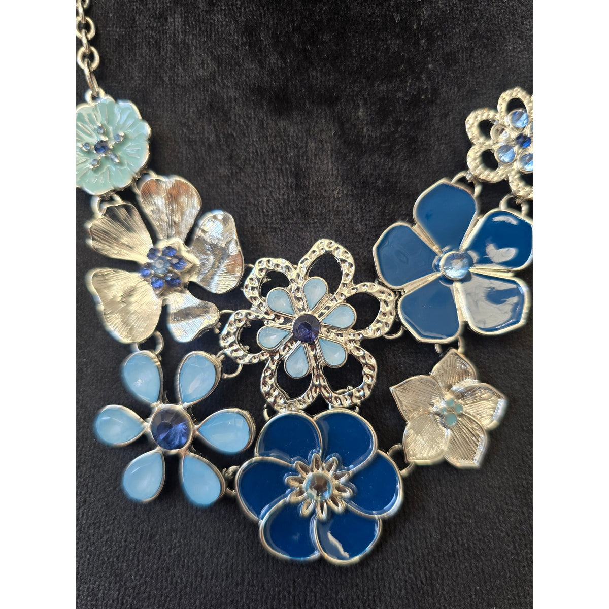 Blue Turquoise Enamel Floral Flower Cluster Silver Tone Bib Necklace