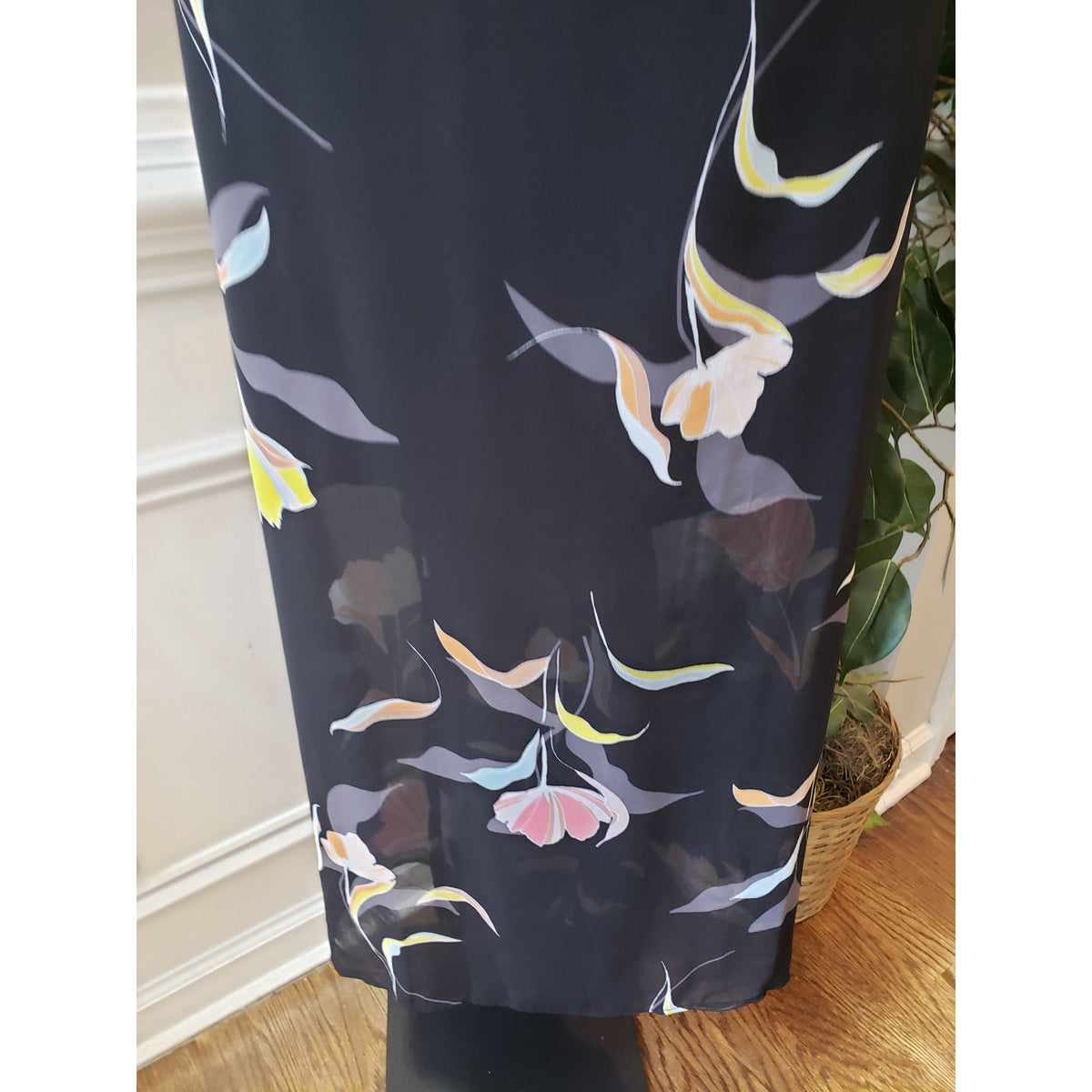 A New Day Long Maxi Dress Womens XL Black Floral Sheer Lined Short Sleeve V Neck