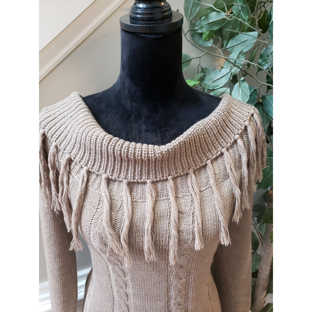 Cozy Casual Sweater Dress Women's Large Brown Geometric Cowl Neck Long Sleeve