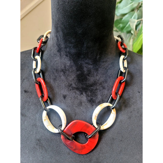 Chunky Resin Link Necklace & Hoop Earrings Set Red Black White Statement Boho