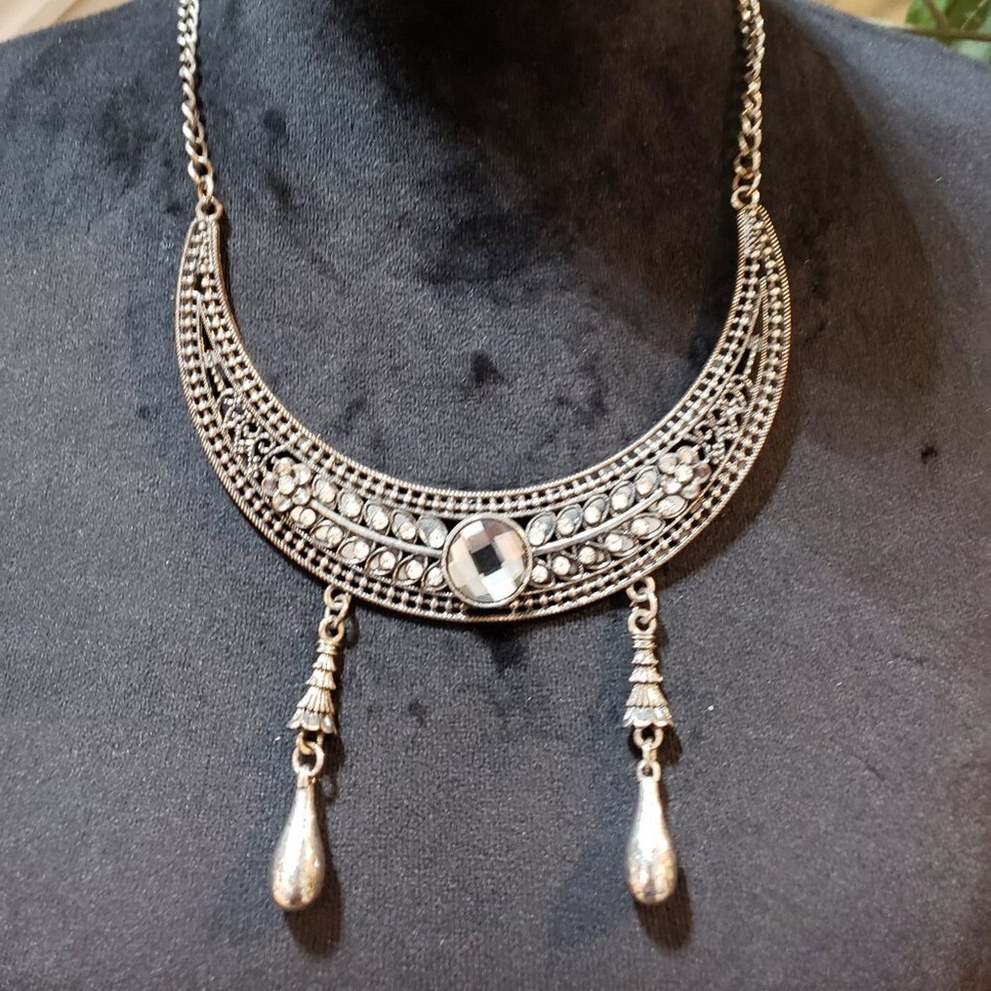 Womens Rhinestone Moon Shape Silver Tone Statement Necklace with Lobster Clasp