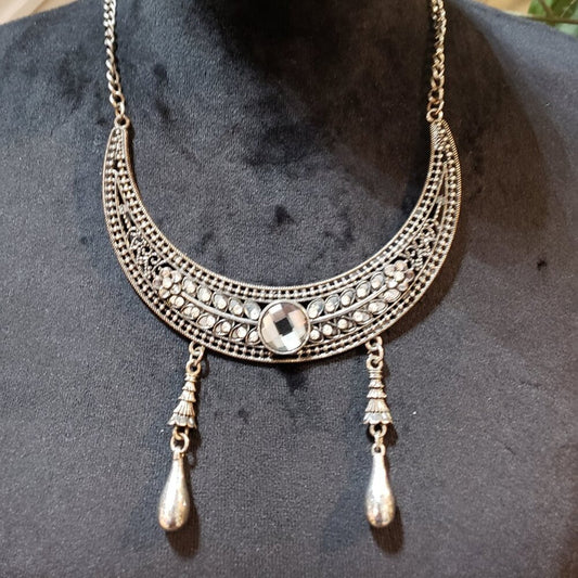 Womens Rhinestone Moon Shape Silver Tone Statement Necklace with Lobster Clasp