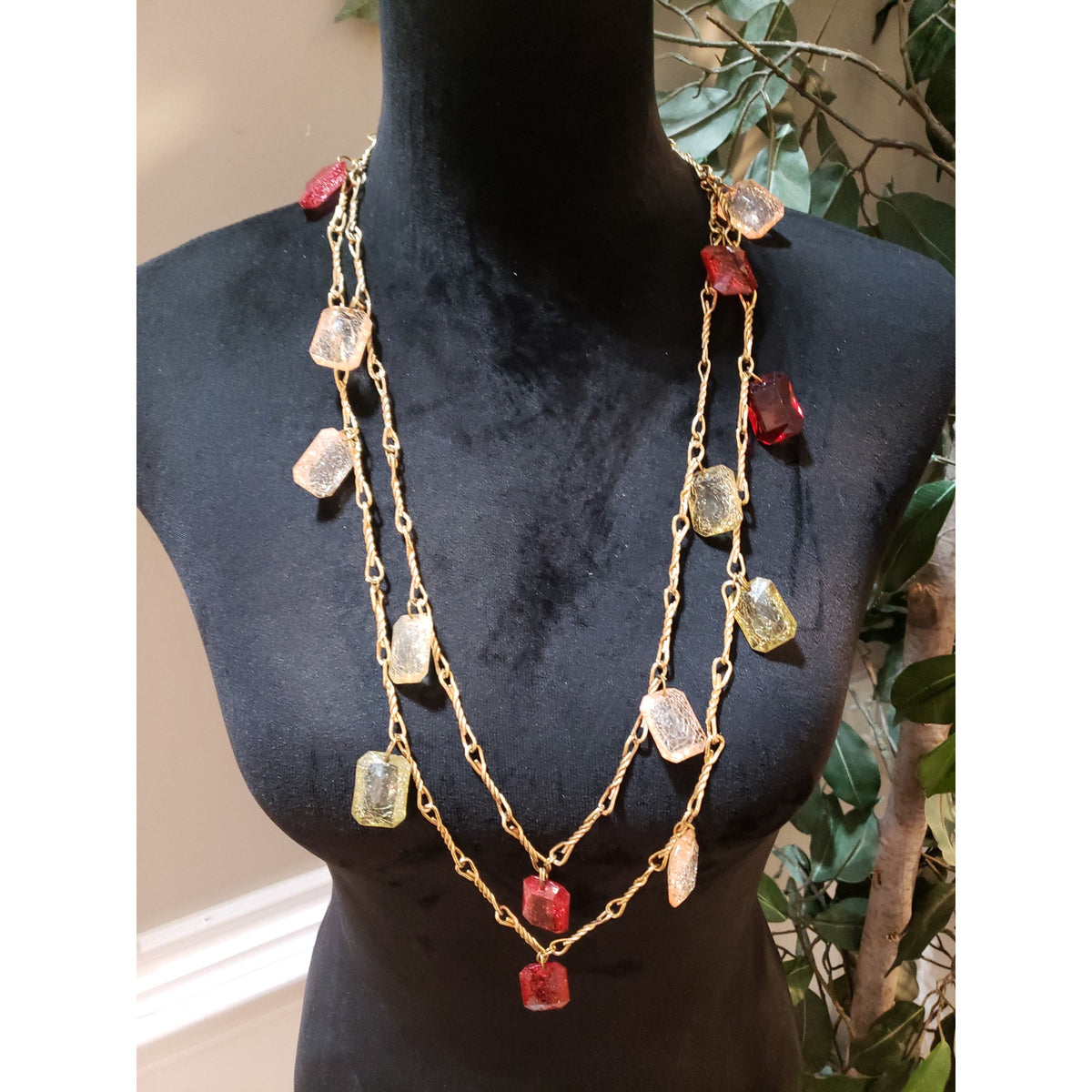 Womens Vintage Two Strands Golden with Emerald Cut Charms Necklace