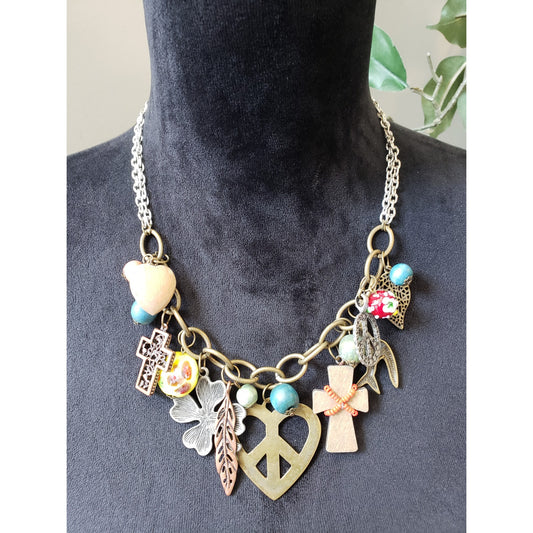 Women Boho Charm Necklace Mixed Metals Symbols Wood Beads Lobster Clasp