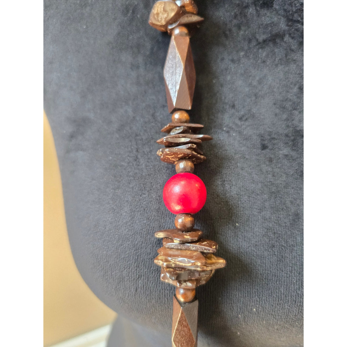 Red Brown Wood Beaded Long Boho Statement Necklace