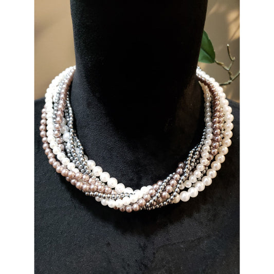 Women's Pearl Beaded Statement Necklace White/Brown Gunmetal Barrel Clasp
