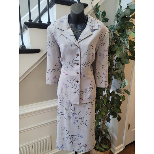 Danny & Nicole Skirt Suit Womens SZ 18 Beige Floral 3/4 Sleeves Blazer Side Slit