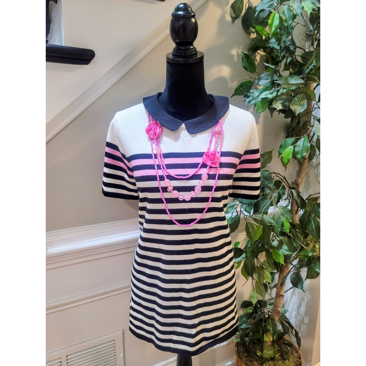 Elle Pullover Sweater Women XL White/Black Striped Peter Pan Collar Short Sleeve