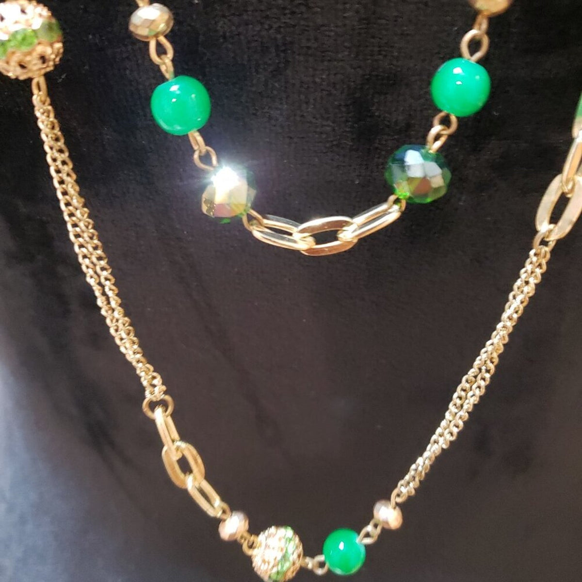 Women Gold Tone 2 Strand Green Emerald Beads Metal Faceted Bowl Station Necklace