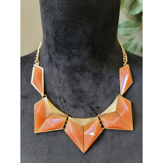 Women's Bold Orange Geometric Statement Necklace On Gold Chain With Faceted Bead