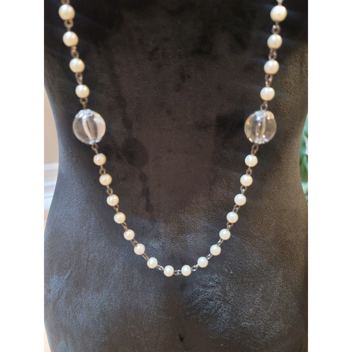 Women's Long Pearl Beaded Necklace With Silver And Clear Beads Lobster Clasp